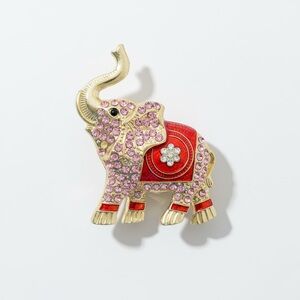 Mint Gold-tone Elephant Brooch with Pink Rhinestones and Red Enamel